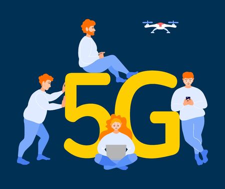 People interact with the letters 5G. Men and women with gadgets use high-speed internet together....