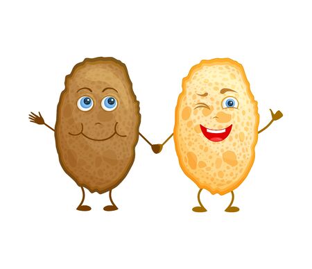 Slices of black and white bread hold hands and smile. Cute vector characters in cartoon style. Two friends pieces of different bread are waiting for breakfast.のイラスト素材