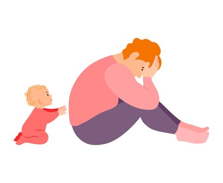 A young woman cries of fatigue, a child regrets her. Postpartum depression.のイラスト素材