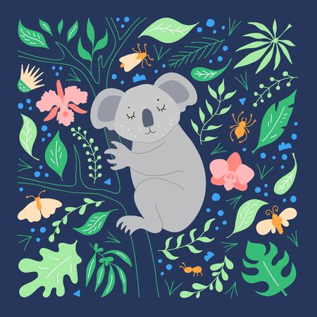 Hand-drawn poster with a koala, in flat style on a floral background. Vector.のイラスト素材