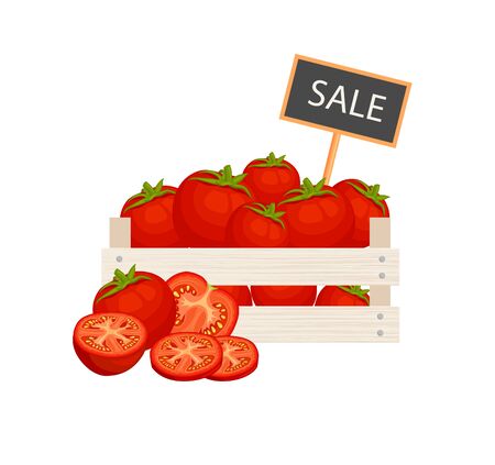 Box full of tomatoes. Sale of vegetables. Vector illustration.のイラスト素材
