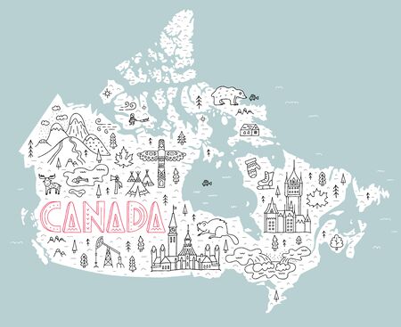 Stylized travel map of Canada with main symbols and sights. Vector linear illustration.のイラスト素材