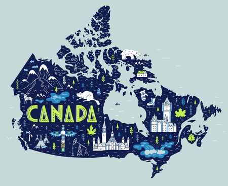 Hand-drawn touristic map of Canada. Vector illustration with lettering.のイラスト素材