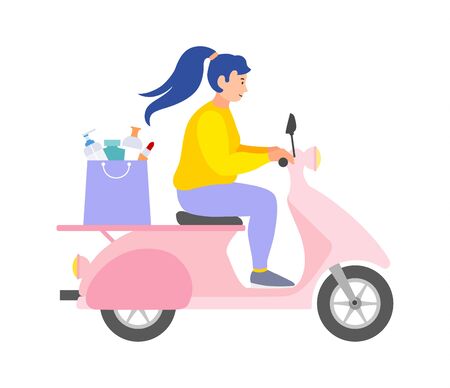 Home delivery of cosmetics and beauty products. Vector illustration with a girl on a moped.のイラスト素材