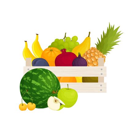 Selling farm-grown organic food. Box with Selling farm-grown organic food. Box with fruits. Vector.のイラスト素材