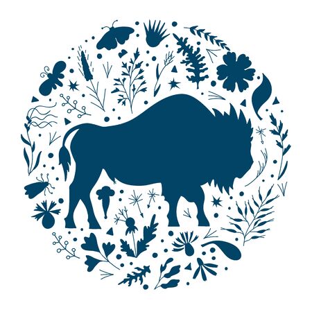 Round frame with bison and herbs. Vector silhouette.のイラスト素材