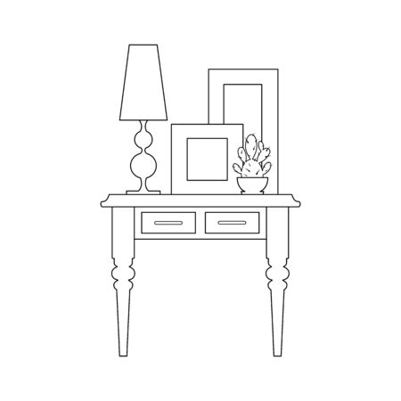 Composition of furniture, paintings and lamps in a linear style. Vector illustration. Home decor outline,のイラスト素材