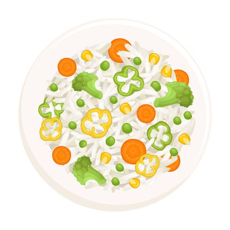 Vegetarian dish rice with vegetables. Food vector illustration.のイラスト素材
