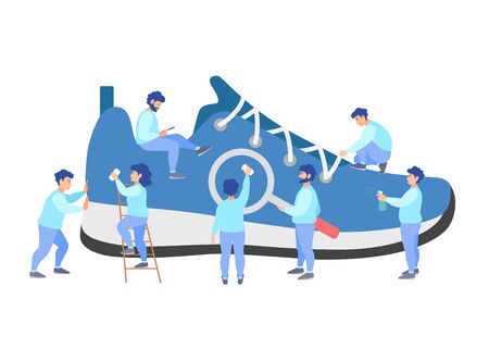 Dry cleaning shoes. A team of tiny people is cleaning a sneaker. Vector illustration in flat style. Banner for cleaning service.のイラスト素材