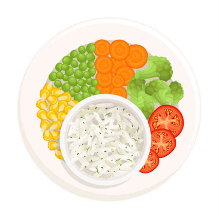 Vegetables around a bowl with rice top view. Asian traditional food. A served dish of national Thai, Chinese and Indian cuisine. Plate with rice and vegetables isolated on a white background.のイラスト素材