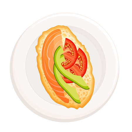 Bruschetta with salmon, avocado and tomato on a plate top view. Fish sandwich isolated on white background. Toast for lunch. Italian Cuisine.のイラスト素材