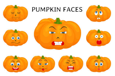 Pumpkin faces. Set of templates for halloween. Pumpkins isolated on white with different facial expressions. The characters are making faces. Collection of funny stickersのイラスト素材