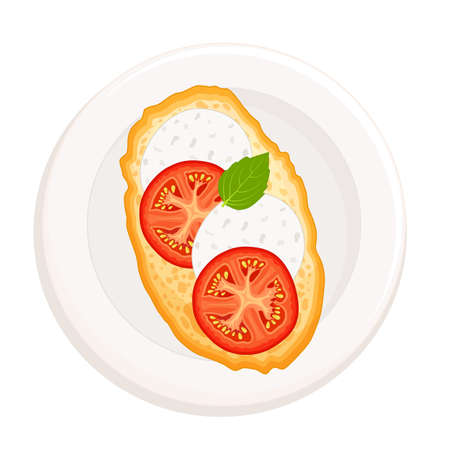 Sandwich top view. Toast with tomato and mozzarella. Bruschetta on a plate isolated on white background. Vector illustration in cartoon style.のイラスト素材