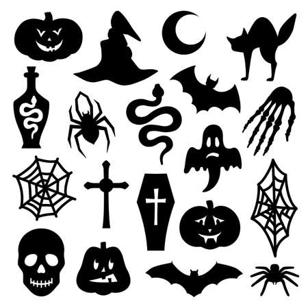 Halloween element. Set of silhouettes isolated on white background. Party templates. Vector illustration with Halloween symbols.のイラスト素材