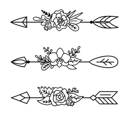 Set of boho arrows with flowers. Decorative vector divider for text. Tribal template in outline style. Boho chic print.のイラスト素材