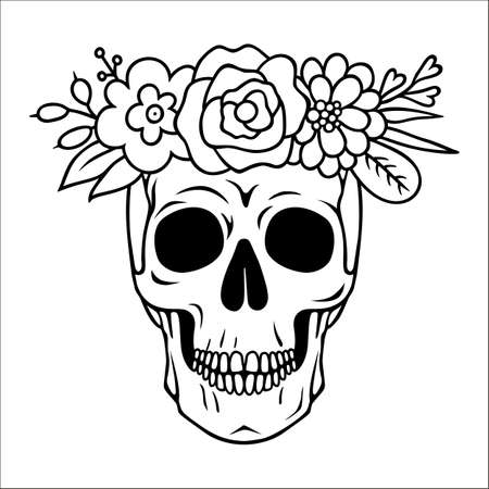 Vector skull with flowers in boho style. Outline dead head isolated on white background. Sugar skull floral print for Halloween.のイラスト素材