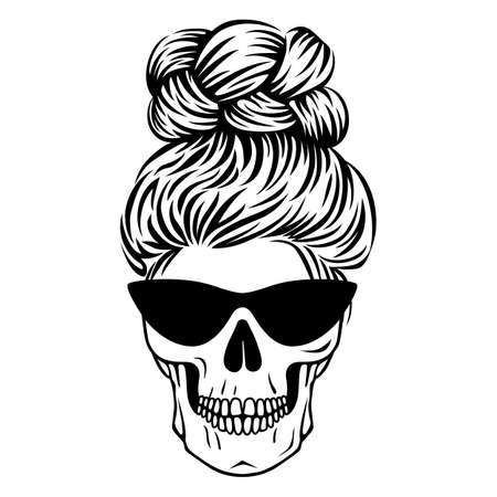 Mom life skull. Female skull with glasses with hair. Boho print in outline style. Vector Messy bun.のイラスト素材
