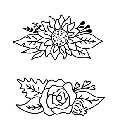 Set of flower bouquets isolated on white background.Vector outline illustration with sunflower and rose, leaves and branch.のイラスト素材