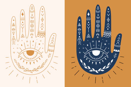 Mystic hand with eye, moon and ethnic patterns. Vector boho palm. Esoteric and magic symbol.