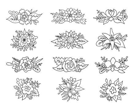 Set of flower composition. Vector Flowers arrangement. bouquets in outline style.のイラスト素材
