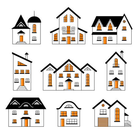 Set of outline buildings and houses. City design elements. Construction theme.のイラスト素材