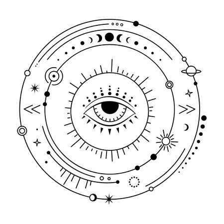 Celestial design elements. Vector magic universe with evil eye. Boho solar system.のイラスト素材