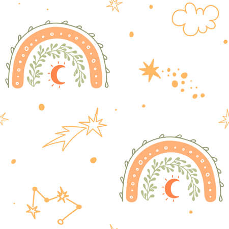 Seamless pattern for kids with stars, constellations, comet, moon and rainbow. Celestial baby print.のイラスト素材