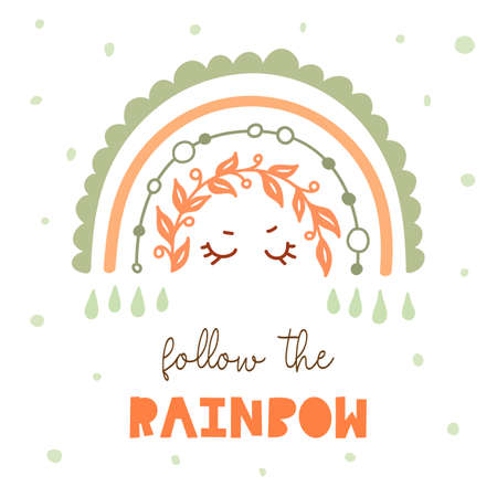 Card with rainbow and signature follow the rainbow. Kids poster. Vector baby print.のイラスト素材