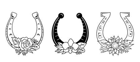 Linear horseshoe with flowers and leaves. Vector silhouette illustration. Symbol of luck.のイラスト素材