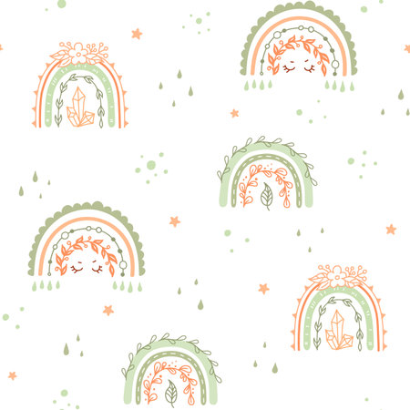 Rainbow Seamless pattern for kids with flowers and leaves.のイラスト素材
