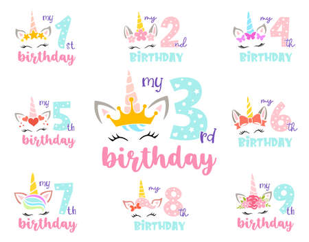 Set of unicorns with numbers. Girly birthday design. Vector.のイラスト素材