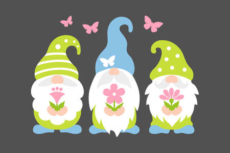 Spring gnome vector. Cute scandinavian gnomes with flowers in cartoon style.のイラスト素材