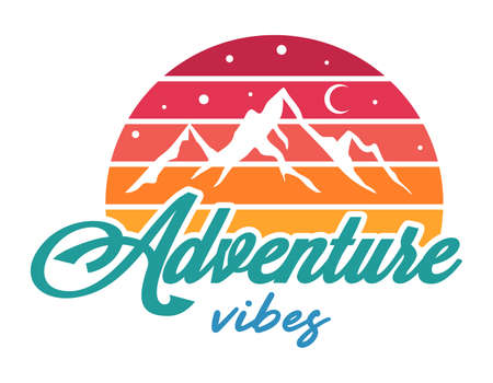 Vintage adventure vector illustration with mountains and quote. Travel or camping emblem. Vintage badge.のイラスト素材