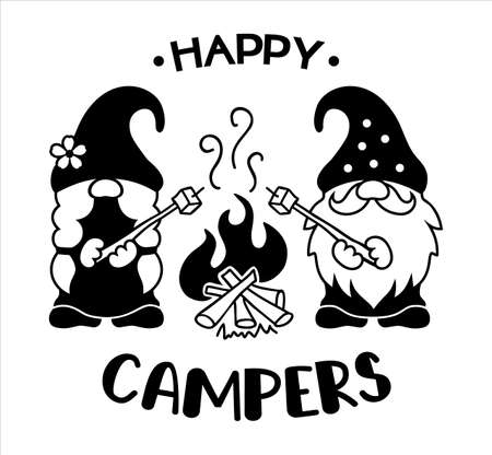 Camping gnomes. Vector silhouettes of gnomes at the campfire. Happy campers quote.のイラスト素材