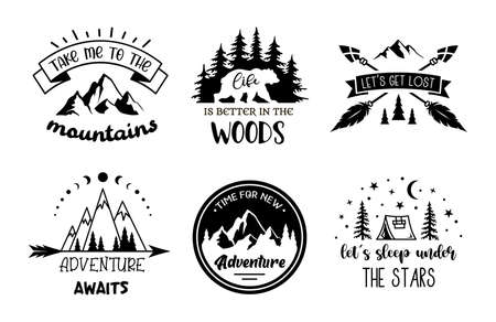 Set of travel and adventure designs with quote. Vector monochrome emblems signs and labels on the topic of camping, outdoor recreation.のイラスト素材