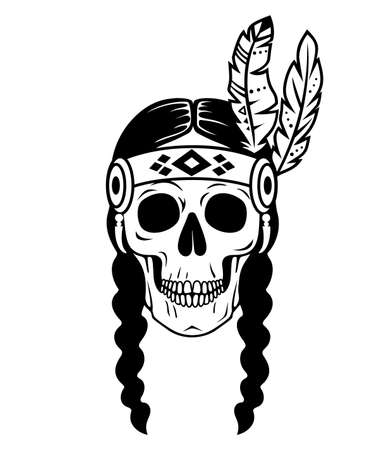 Tribal female skull. Native American silhouette. Vector Indian designのイラスト素材