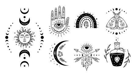 Boho design elements. Set of witchcraft mystical symbols. Magic, esoteric signs.のイラスト素材