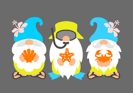 Beach gnomes. Funny summer gnome. Cute scandinavian characters on the sea.のイラスト素材