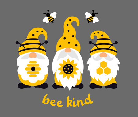 Funny summer bee gnome. Gnomes with sunflower, honeycomb and hive with quote be kind.のイラスト素材