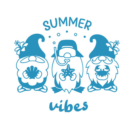 Summer vibes quote with beach gnomes sign. Vector summer silhouette illustration.のイラスト素材