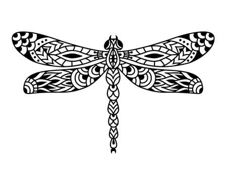 Dragonfly silhouette. Black and white dragonfly mandala.のイラスト素材