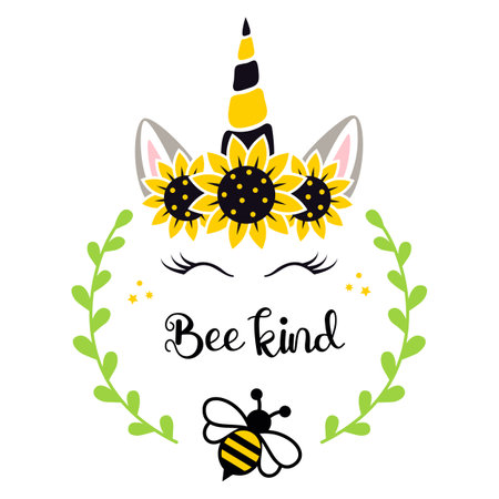 Unicorn face with bee, sunflower wreath and quote: bee kind. Summer kids design.のイラスト素材