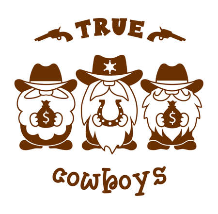 Funny Gnome cowboys. Western silhouette sign. Country illustration.のイラスト素材