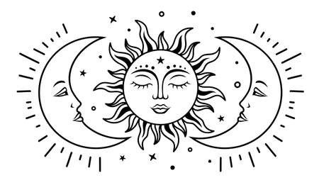Sun with a sleeping face surrounded by moons. Vector silhouette design. Magic mystic celestial sign.のイラスト素材