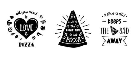 Pizza sign with funny quotes. Set of pizza symbolsのイラスト素材