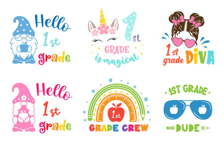 First grade designs. Back to school sign. First day of school illustrations.のイラスト素材