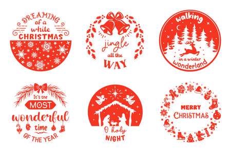 Christmas sign with quotes. Set of Christmas labels, cards, emblems and holiday symbols.のイラスト素材