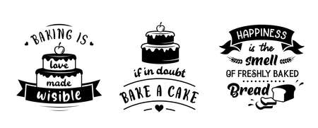 Set of pastries with quotes. Baking signs or emblems.のイラスト素材