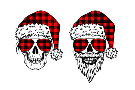 Sassy Christmas design with male and female skulls in santa hats and aviator glasses. Vector illustration.のイラスト素材
