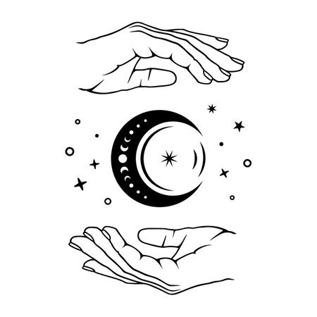 Mystical hands with crescent moon. Vector magic illustration with celestial symbol.のイラスト素材